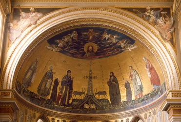 Widok wnętrza absydy Bazyliki św. Jana na Lateranie. Mozaika Jacopa Torritiego (czynny około 1291-XIV wiek) i Jacopa da Camerino (czynny około 1288-1331) przedstawiająca Niebiańską Jerozolimę. Rzym