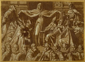Madonna della Misericordia ze św. Franciszek i Dominik, z innymi świętymi i władcami oraz rodziną darczyńców (pióro i brązowy tusz z plamą i białym kolorem ciała na papierze)