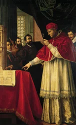Michał Anioł prezentujący papieżowi Leonowi X i kardynałowi Giulio de Medici modele fasady San Lorenzo, Biblioteki Laurentiana i grobowców Medyceuszy