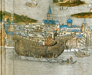Budowa galery w weneckiej stoczni, z Peregrinatio in Terram Sanctam, wydrukowanego po raz pierwszy po łacinie w 1486 roku... (drzeworyt)