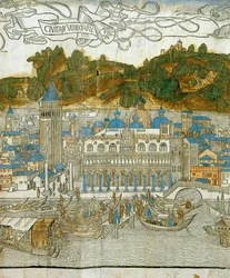 Wenecja i stara kampanila przed zniszczeniem przez trzęsienie ziemi, z Pregrinatio in Terram Sanctam, wydrukowanego po raz pierwszy w 1486 r. ... (drzeworyt)
