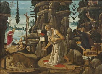 Święty Jerome penitent - Pokutnik Święty Hieronim, Jacopo del Sellaio (1442-1493). Olej na drewnie. Wymiar : 66,5x91,5 cm. Muzeum Narodowe w Sztokholmie
