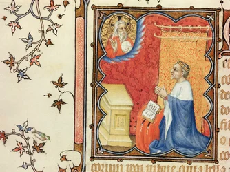 Pani Lat 18014 Jean de France (1340-1416) Książę Berry modlący się przed Ojcem Wiecznym, z Les Petites Heures de Duc de Berry, c.1385-90