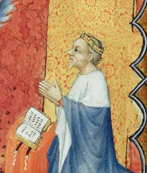 Pani Lat 18014 Jean de France 1340-1416 Książę Berry modlący się przed Ojcem Wiecznym, z Les Petites Heures de Duc de Berry, ok. 1385-90, szczegół welinowy z 159990