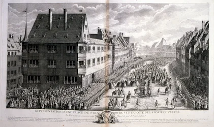 XVIII-wieczna ilustracja Ludwika XV, króla Francji, panującego w latach 1715-1774, przechodzącego przez Rue de Strasbourg w Paryżu.
