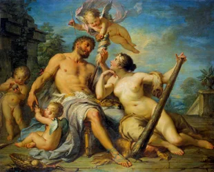Herkules i Omfale. Herkules (Herakles) jest zakochany w Omfale, której jest niewolnikiem. Obraz Jacques