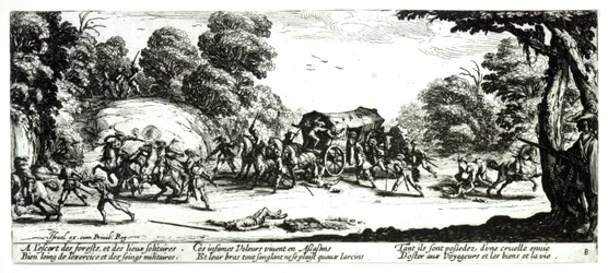 Atak na dyliżans, tablica 8 z „Nieszczęść i nieszczęścia wojny”, sztychowana przez Israela Henrieta (ok. 1590-1661) 1633