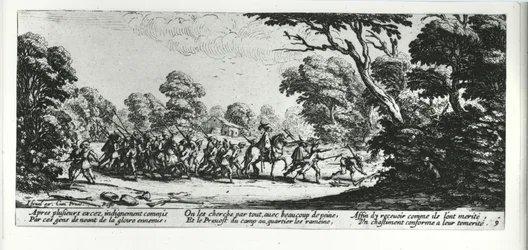 Odkrycie bandytów, tablica 9 z „Nieszczęść i nieszczęścia wojny”, sztychowana przez Israela Henrieta (ok. 1590-1661) 1633
