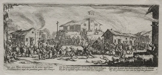 Wielka nieszczęścia wojny: plądrowanie i palenie wioski, 1633.