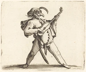 Zamaskowany komik grający na gitarze