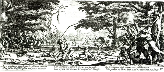 Zemsta chłopska, tablica 17 z książki "Nieszczęścia i nieszczęścia wojny", rytowanej przez Israela Henrieta (ok. 1590-1661) 1633