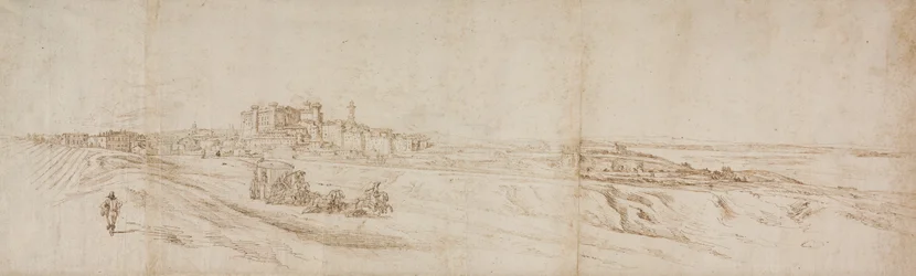 Widok na Castello Bracciano, niedaleko Rzymu z autokarem i figurami
