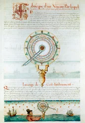 Instrumenty nawigacyjne: nawigator korzystający z astrolabium. Strona zaczerpnięta z „” Les Premieres Works de Jacques Devaulx Pilot en la Marine”” Jacques de Vaulx (XVI wiek)
