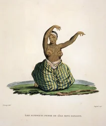 Tańcząca kobieta z wyspy Maui na Hawajach, grawerowana przez Parfait Augrand (ur. 1782)