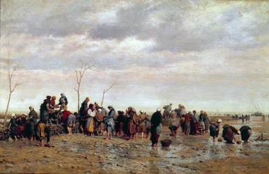 Zbieracze morskie. Hodowla osteri: kobiety zbierają ostrygi na niskich klaczy. Obraz Eugene Feyena (1815-1908)