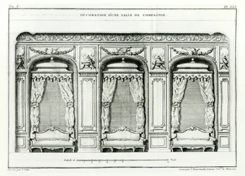 Elegancki Parisian Drawing room, początek 1770 z Cours dArchitecture, Paryż, opublikowany w 6 tomach z lat 1771-77 przez Blondela, Jacques-Francois (1705-74) Seria ukończona przez Pierre