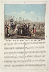 Henryk II (1519-59) otrzymuje klucze do Metz, Toul i Verdun (1552), rycina Jeana Baptiste