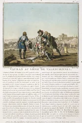 Sebastien le Prestre de Vauban (1633-1707) podczas oblężenia Valenciennes (1677), rycina Jean Baptiste Morret (fl.1790-1820), 1790 (kolorowa litografia)