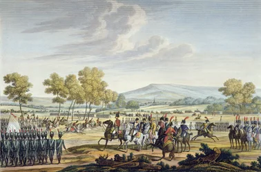 Manewr gwardii cesarskiej w obecności dwóch cesarzy w Tilsit, 28 czerwca 1807 r., ryty przez Edme Bovinet (1767-1832) (akwatinta)