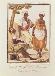 Czarny mężczyzna i czarna kobieta z Martyniki tańczą „la Chica”, rytował Lachuassee, 1805
