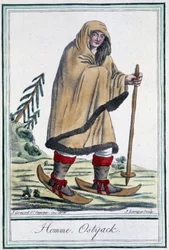 Ostyack na nartach - w „Encyclopédie des voyages” Grasset Saint Sauveur, wyd. Paryż 1796