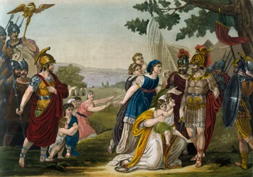 Rape of Sabine Women, Jacques Grasset de Saint-Sauveur (1757-1810), rycina ze starożytnego Rzymu, czyli historyczny i obrazowy opis wszystkiego, co dotyczyło Rzymian, ich wojskowości, obyczajów, życia religijnego i publicznego