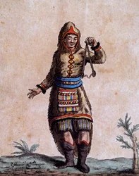 Kobieta z Zatoki Hudsona w tradycyjnym stroju, kolorowa grawerunek Laroque, z Encyklopedii podróży, Jacques Grasset de Saint-Sauveur (1757-1810)