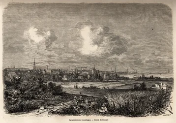 Widok ogólny Kopenhagi, rys. Jacques Guiaud (1810-1876), ilustrujący podróż J.M.Dargauda do Danii (1800-1860), w 1860 r. Rycina w „Le tour du monde” pod redakcją Edouarda Chartona