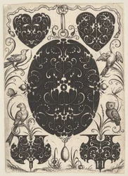 Wisiorek owalny ozdobiony Schweifwerk, otoczony mniejszymi motywami i czterema ptakami, ca. 1614-19.