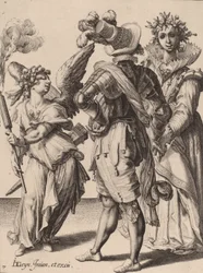Kupidyn z zawiązanymi oczami trzymający pochodnię przed parą, przypisywany Zachariasowi Dolendo, 1595-6 (rycina na papierze wykładanym)
