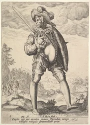 Żołnierz uzbrojony w pałasz i tarczę, z książki Oficerowie i żołnierze, 1587.