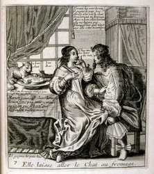 XVII-wieczna grawerowana ilustracja ze zbioru przysłów. Paryż 1657-1663. Autor: Jacques Lagniet (1620-1675). Francuski rytownik. Od niego pochodzi wiele społecznie krytycznych rycin i prześmiewczych obrazów, takich jak jego czasami groteskowe i fantastyczn