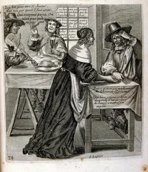 XVII-wieczna grawerowana ilustracja ze zbioru przysłów. Paryż 1657-1663. Autor: Jacques Lagniet (1620-1675). Francuski rytownik. Od niego pochodzi wiele społecznie krytycznych rycin i prześmiewczych obrazów, takich jak jego czasami groteskowe i fantastyczn