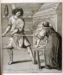 XVII-wieczna grawerowana ilustracja ze zbioru przysłów. Paryż 1657-1663. Autor: Jacques Lagniet (1620-1675). Francuski rytownik. Od niego pochodzi wiele społecznie krytycznych rycin i prześmiewczych obrazów, takich jak jego czasami groteskowe i fantastyczn