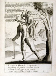 XVII-wieczna grawerowana ilustracja ze zbioru przysłów. Paryż 1657-1663. Autor: Jacques Lagniet (1620-1675). Francuski rytownik. Od niego pochodzi wiele społecznie krytycznych rycin i prześmiewczych obrazów, takich jak jego czasami groteskowe i fantastyczn