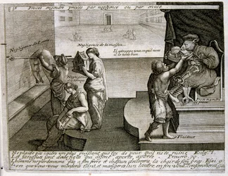 XVII-wieczna grawerowana ilustracja ze zbioru przysłów. Paryż 1657-1663. Autor: Jacques Lagniet (1620-1675). Francuski rytownik. Od niego pochodzi wiele społecznie krytycznych rycin i prześmiewczych obrazów, takich jak jego czasami groteskowe i fantastyczn