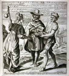 XVII-wieczna grawerowana ilustracja ze zbioru przysłów. Paryż 1657-1663. Autor: Jacques Lagniet (1620-1675). Francuski rytownik. Od niego pochodzi wiele społecznie krytycznych rycin i prześmiewczych obrazów, takich jak jego czasami groteskowe i fantastyczn