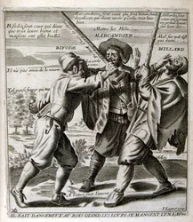 XVII-wieczna grawerowana ilustracja ze zbioru przysłów. Paryż 1657-1663. Autor: Jacques Lagniet (1620-1675). Francuski rytownik. Od niego pochodzi wiele społecznie krytycznych rycin i prześmiewczych obrazów, takich jak jego czasami groteskowe i fantastyczn