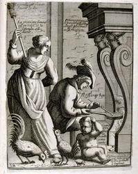 XVII-wieczna grawerowana ilustracja ze zbioru przysłów. Paryż 1657-1663. Autor: Jacques Lagniet (1620-1675). Francuski rytownik. Od niego pochodzi wiele społecznie krytycznych rycin i prześmiewczych obrazów, takich jak jego czasami groteskowe i fantastyczn