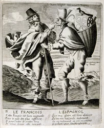 XVII-wieczna grawerowana ilustracja ze zbioru przysłów. Paryż 1657-1663. Autor: Jacques Lagniet (1620-1675). Francuski rytownik. Od niego pochodzi wiele społecznie krytycznych rycin i prześmiewczych obrazów, takich jak jego czasami groteskowe i fantastyczn