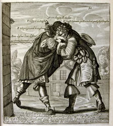 XVII-wieczna grawerowana ilustracja ze zbioru przysłów. Paryż 1657-1663. Autor: Jacques Lagniet (1620-1675). Francuski rytownik. Od niego pochodzi wiele społecznie krytycznych rycin i prześmiewczych obrazów, takich jak jego czasami groteskowe i fantastyczn