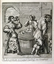 XVII-wieczna grawerowana ilustracja ze zbioru przysłów. Paryż 1657-1663. Autor: Jacques Lagniet (1620-1675). Francuski rytownik. Od niego pochodzi wiele społecznie krytycznych rycin i prześmiewczych obrazów, takich jak jego czasami groteskowe i fantastyczn