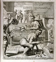 XVII-wieczna grawerowana ilustracja ze zbioru przysłów. Paryż 1657-1663. Autor: Jacques Lagniet (1620-1675). Francuski rytownik. Od niego pochodzi wiele społecznie krytycznych rycin i prześmiewczych obrazów, takich jak jego czasami groteskowe i fantastyczn