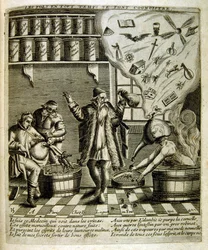 XVII-wieczna grawerowana ilustracja ze zbioru przysłów. Paryż 1657-1663. Autor: Jacques Lagniet (1620-1675). Francuski rytownik. Od niego pochodzi wiele społecznie krytycznych rycin i prześmiewczych obrazów, takich jak jego czasami groteskowe i fantastyczn