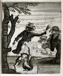 XVII-wieczna grawerowana ilustracja ze zbioru przysłów. Paryż 1657-1663. Autor: Jacques Lagniet (1620-1675). Francuski rytownik. Od niego pochodzi wiele społecznie krytycznych rycin i prześmiewczych obrazów, takich jak jego czasami groteskowe i fantastyczn