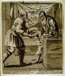 XVII-wieczna grawerowana ilustracja ze zbioru przysłów. Paryż 1657-1663. Autor: Jacques Lagniet (1620-1675). Francuski rytownik. Od niego pochodzi wiele społecznie krytycznych rycin i prześmiewczych obrazów, takich jak jego czasami groteskowe i fantastyczn
