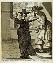 XVII-wieczna grawerowana ilustracja ze zbioru przysłów. Paryż 1657-1663. Autor: Jacques Lagniet (1620-1675). Francuski rytownik. Od niego pochodzi wiele społecznie krytycznych rycin i prześmiewczych obrazów, takich jak jego czasami groteskowe i fantastyczn