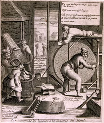 XVII-wieczna grawerowana ilustracja ze zbioru przysłów. Paryż 1657-1663. Autor: Jacques Lagniet (1620-1675). Francuski rytownik. Od niego pochodzi wiele społecznie krytycznych rycin i prześmiewczych obrazów, takich jak jego czasami groteskowe i fantastyczn