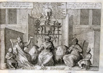 XVII-wieczna grawerowana ilustracja ze zbioru przysłów. Paryż 1657-1663. Autor: Jacques Lagniet (1620-1675). Francuski rytownik. Od niego pochodzi wiele społecznie krytycznych rycin i prześmiewczych obrazów, takich jak jego czasami groteskowe i fantastyczn