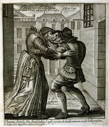XVII-wieczna grawerowana ilustracja ze zbioru przysłów. Paryż 1657-1663. Autor: Jacques Lagniet (1620-1675). Francuski rytownik. Od niego pochodzi wiele społecznie krytycznych rycin i prześmiewczych obrazów, takich jak jego czasami groteskowe i fantastyczn
